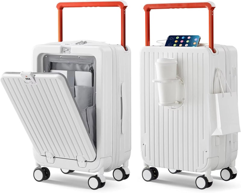 Tereplus 20-inch Carry-on Luggage with Front Open Laptop Compartment, USB Port, and Cup Holder - White - Image 1